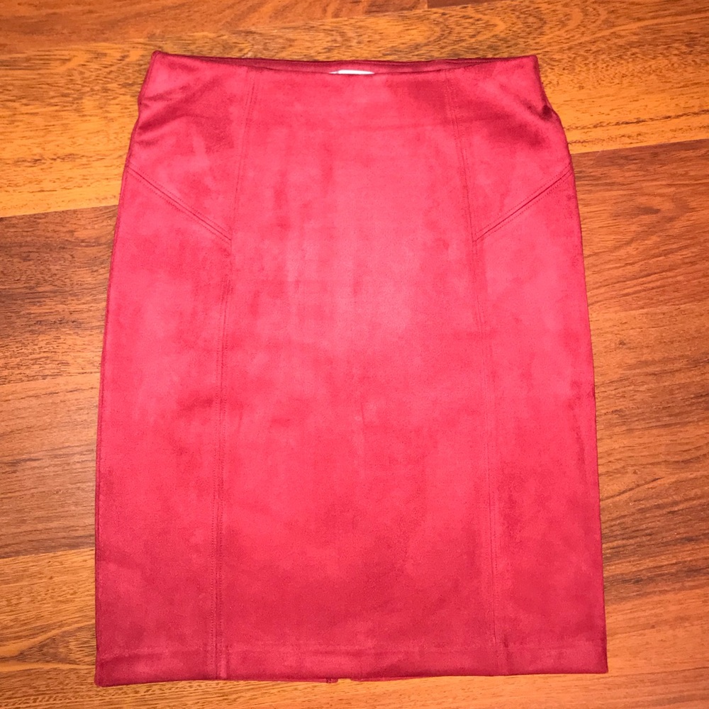 Red pencil skirt suede
